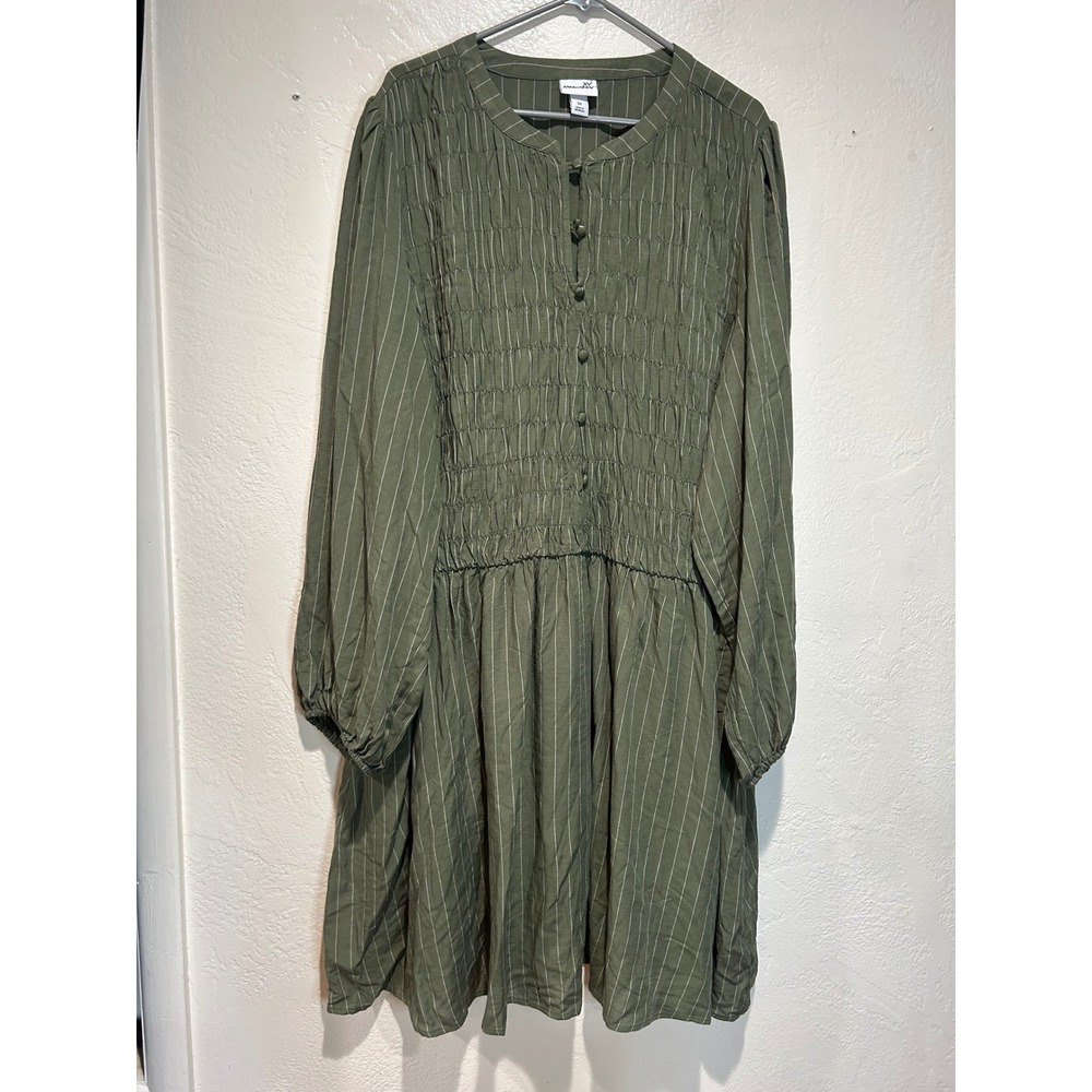 Ava & Viv Womens 3X Olive Green Pinstripe Smocked Long Sleeve Mini Dress Pockets